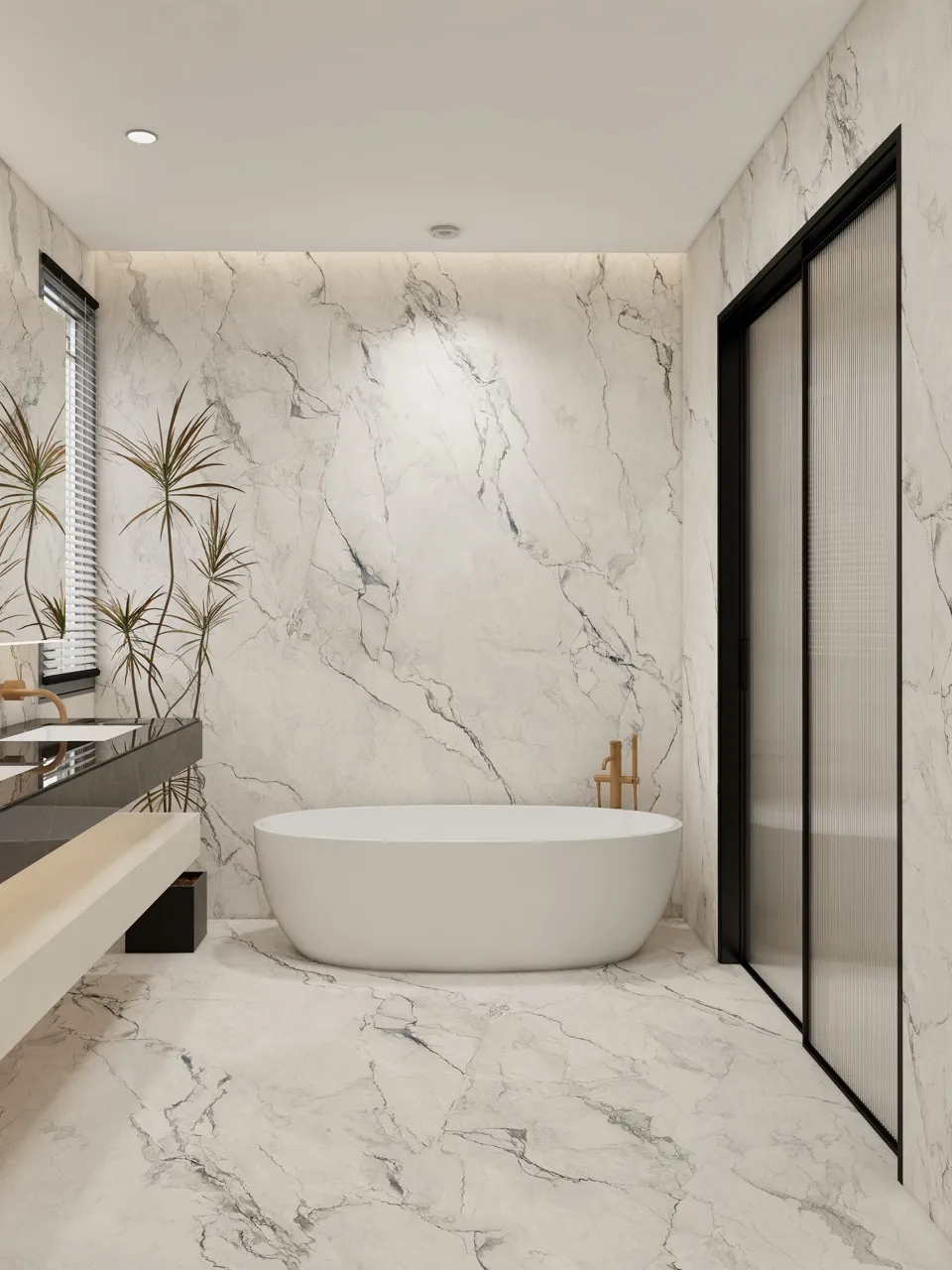 White Marble Look Matte Textured Sintered Stone Bathroom Wall and Floor MA1227266ST