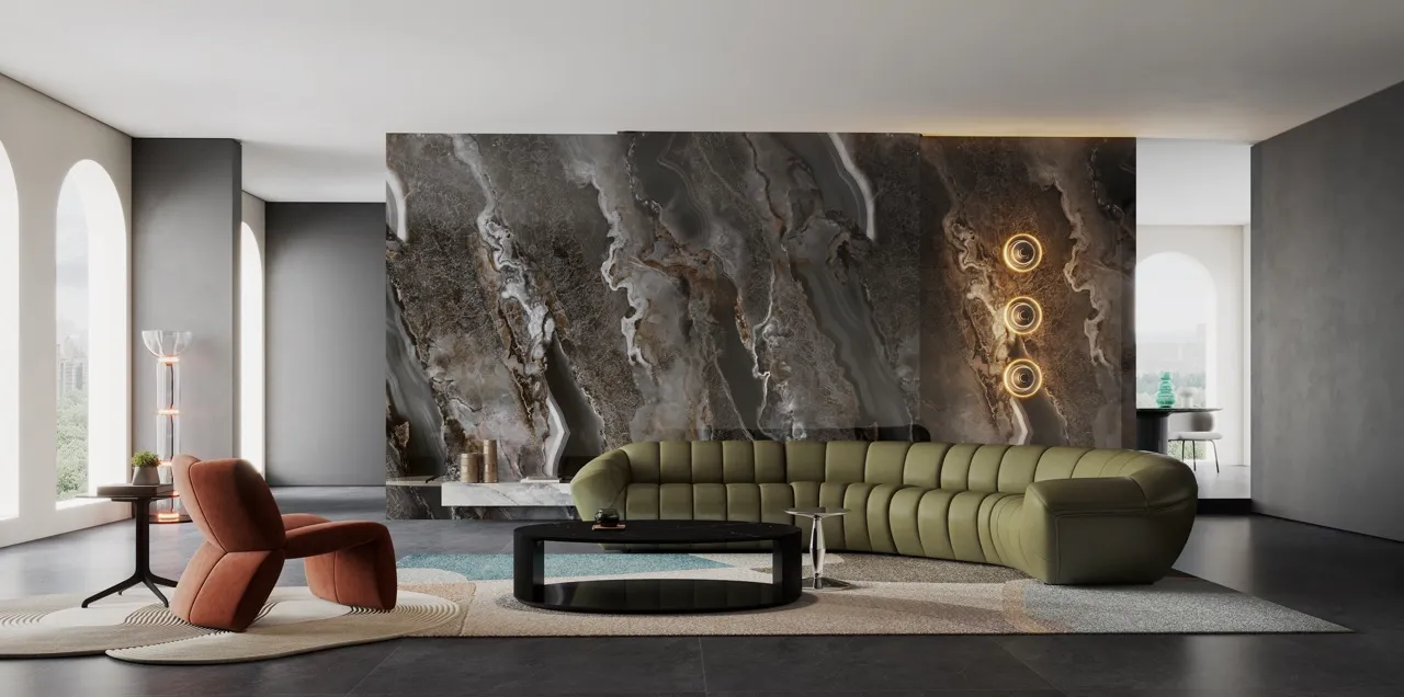 Black Onyx Look Sintered Stone Feature Wall in Modern Living Room