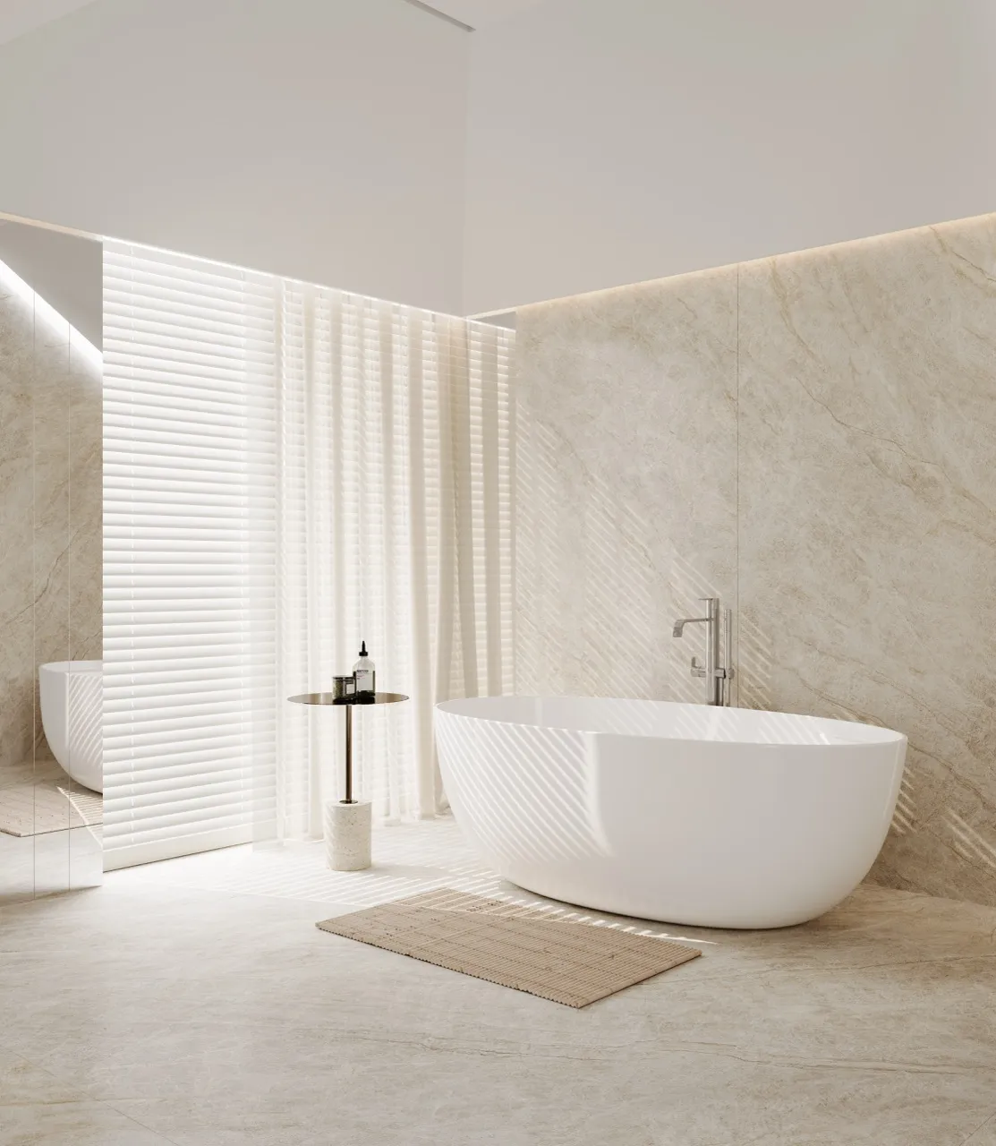 modern bathroom using matte textured beige marble look sintered stone on walls and floors