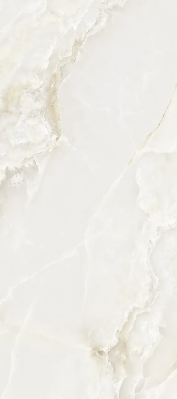 1200×2700mm onyx look glossy white sintered stone slab with soft translucent texture and polished glazed finish