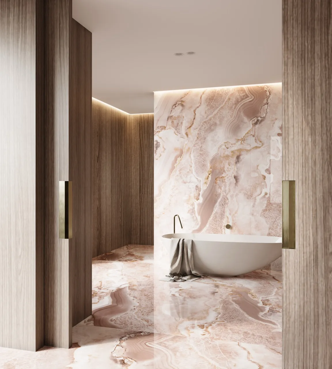Luxury bathroom featuring pink onyx look sintered stone on floor and wall surfaces
