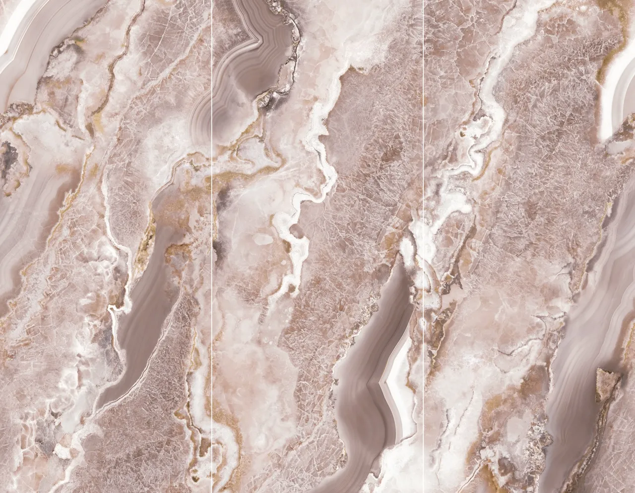 Three slab layout of pink onyx look sintered stone showing continuous crystal-inspired texture