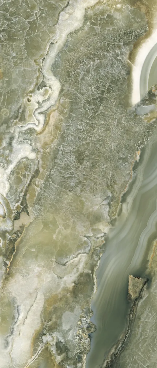 MA1228594CS green onyx look glossy glazed sintered stone slab with crystal textures and translucent emerald veining