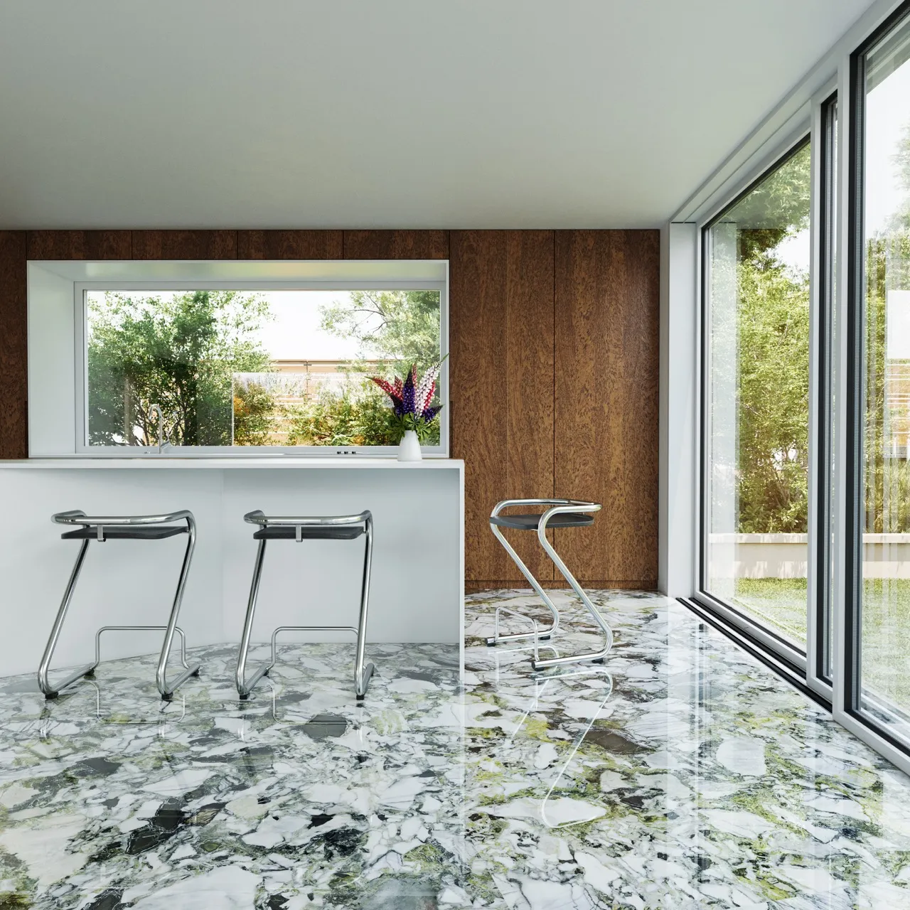 1600x3200x12mm glazed matte textured porcelain white sintered stone used in a contemporary kitchen featuring white countertops and elegant large-format flooring.