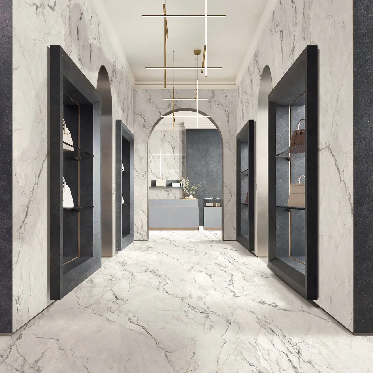 White Marble Look Matte Textured Sintered Stone Showroom Floor MA1227266ST