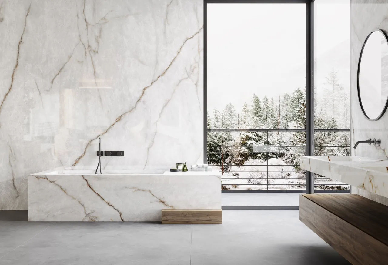 White Onyx Look Gold Vein Sintered Stone Bathroom Wall Application