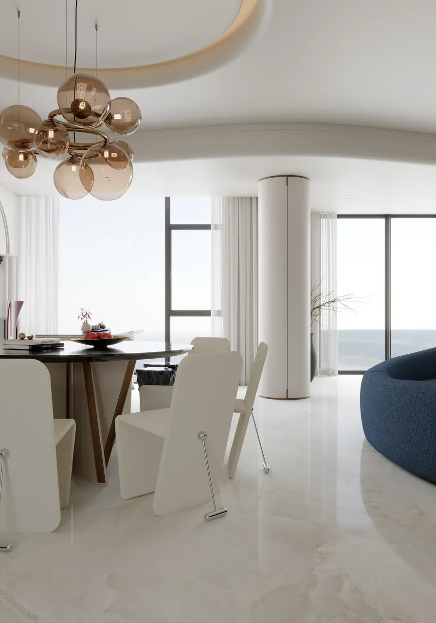 modern luxury living room using glossy white onyx look sintered stone flooring with polished large format surface
