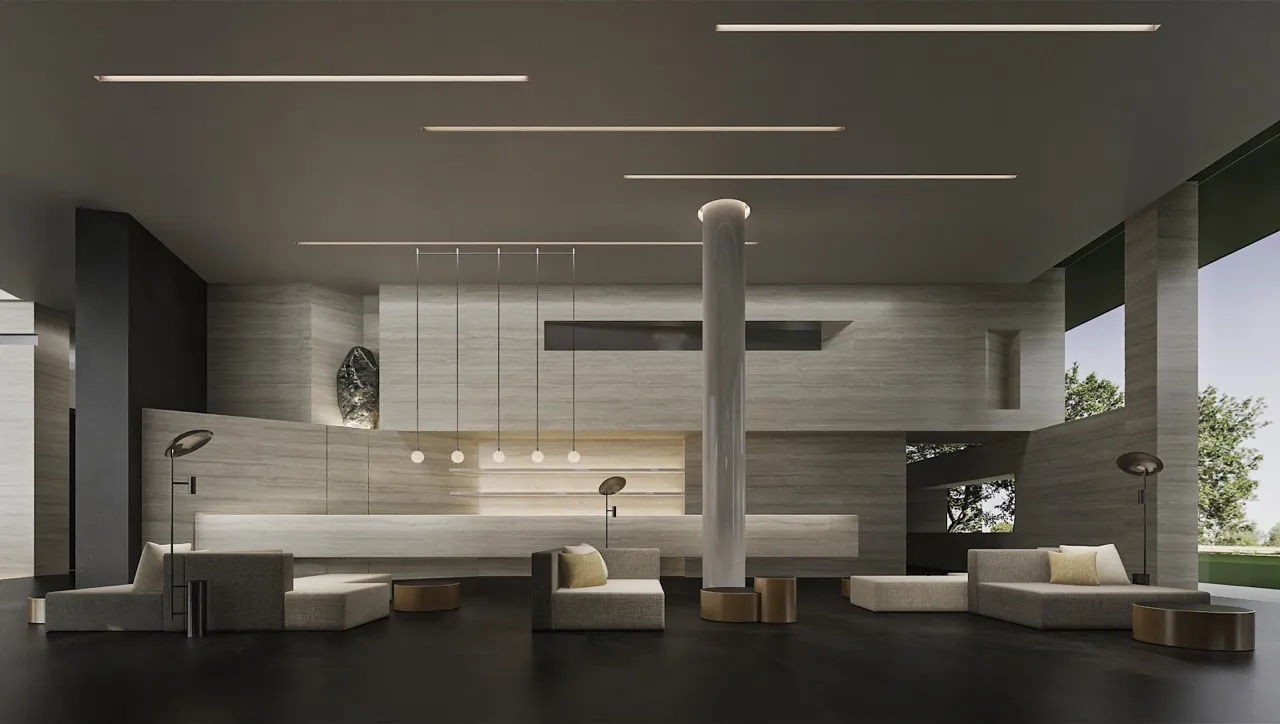 large format gray travertine look sintered stone wall cladding in luxury lobby interior