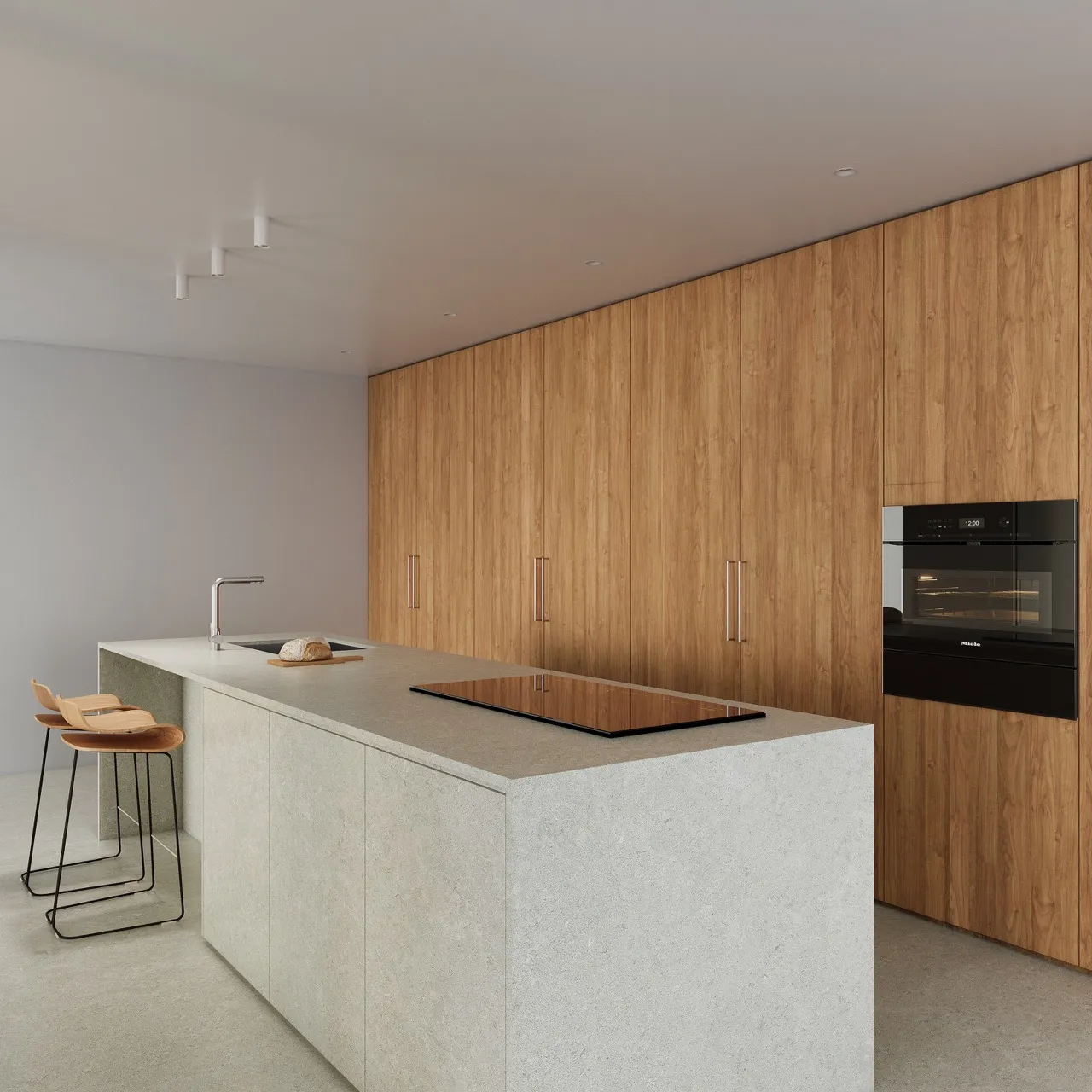 Large format beige limestone look sintered stone kitchen countertop with integrated sink and island design