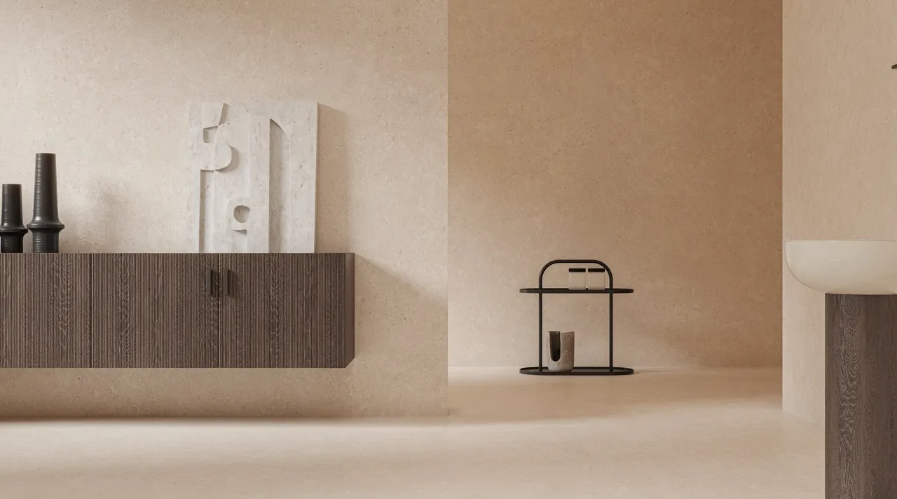 modern bathroom featuring beige limestone look sintered stone wall and floor surfaces