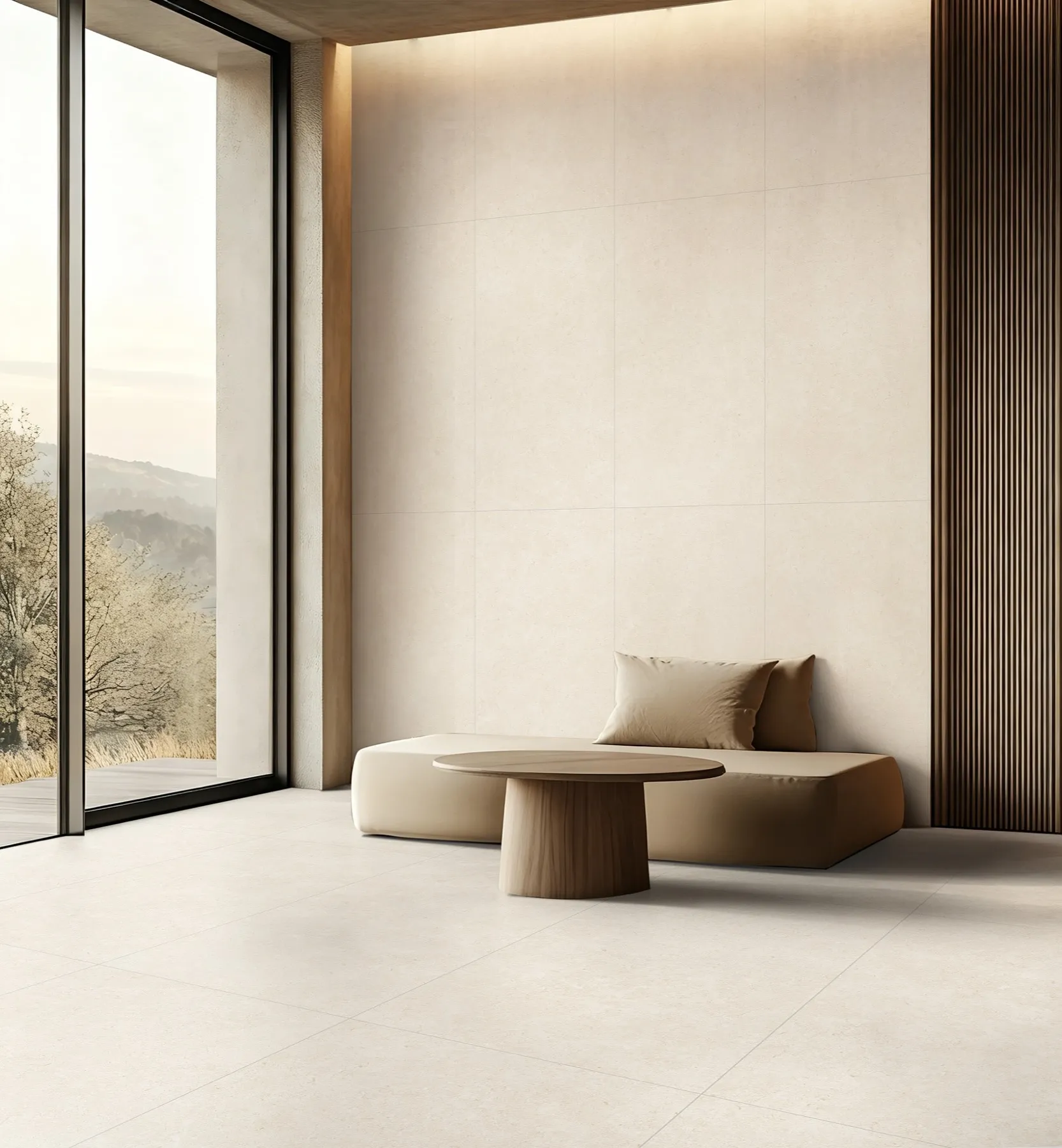OSL311GL612 / OSL311ST612 beige limestone porcelain tile in 600x1200mm, shown with warm beige stone movement and soft limestone texture