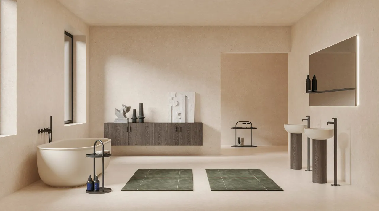 beige limestone look sintered stone used on bathroom walls and floors