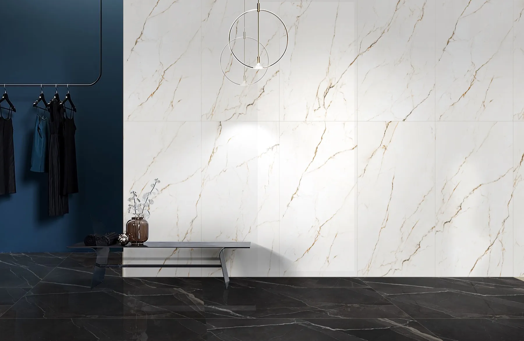 FM189031SL Beige Marble Look porcelain tile shown in an application-style product view