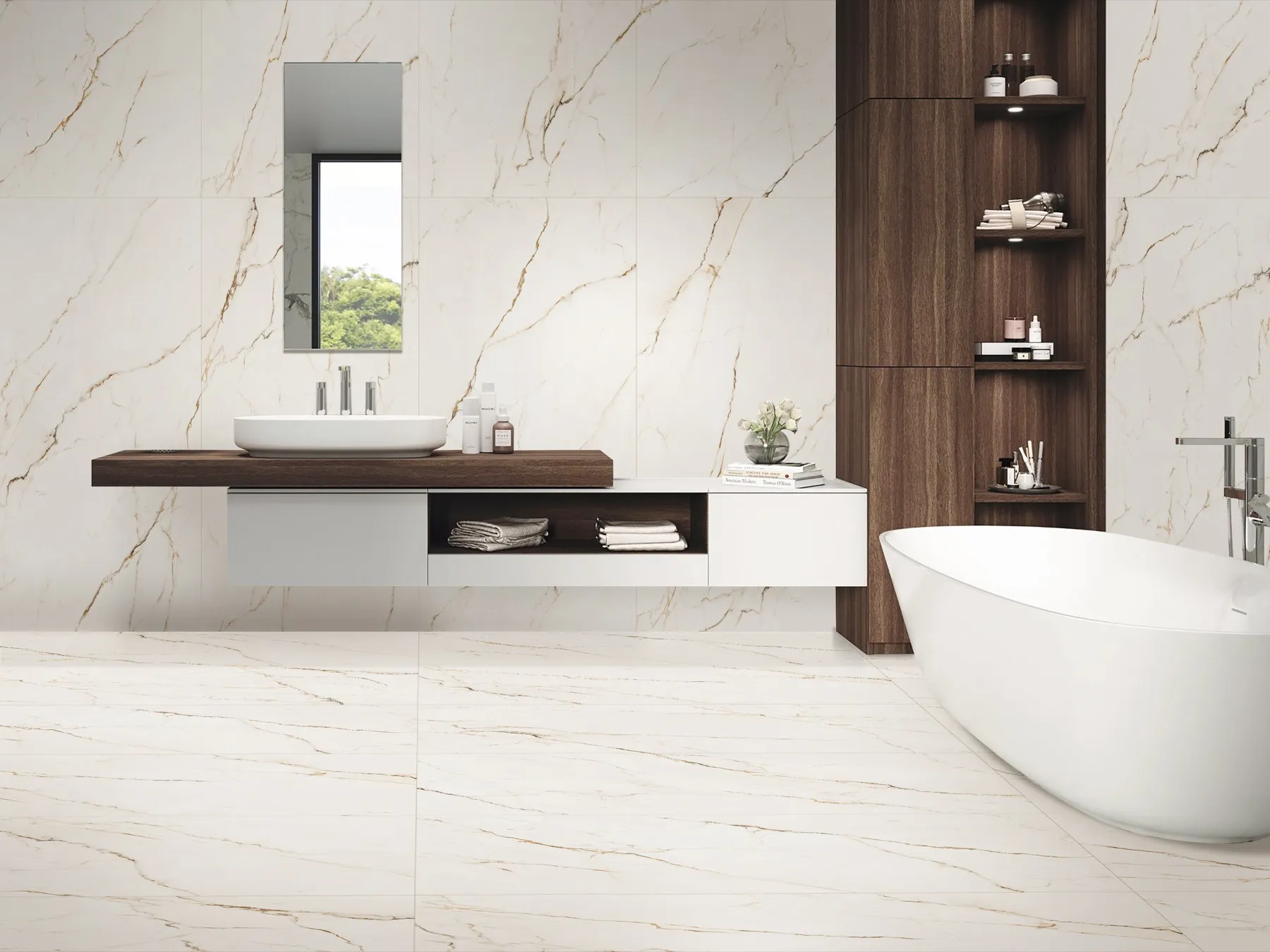 FM189031SL Beige Marble Look porcelain tile shown in an application-style product view