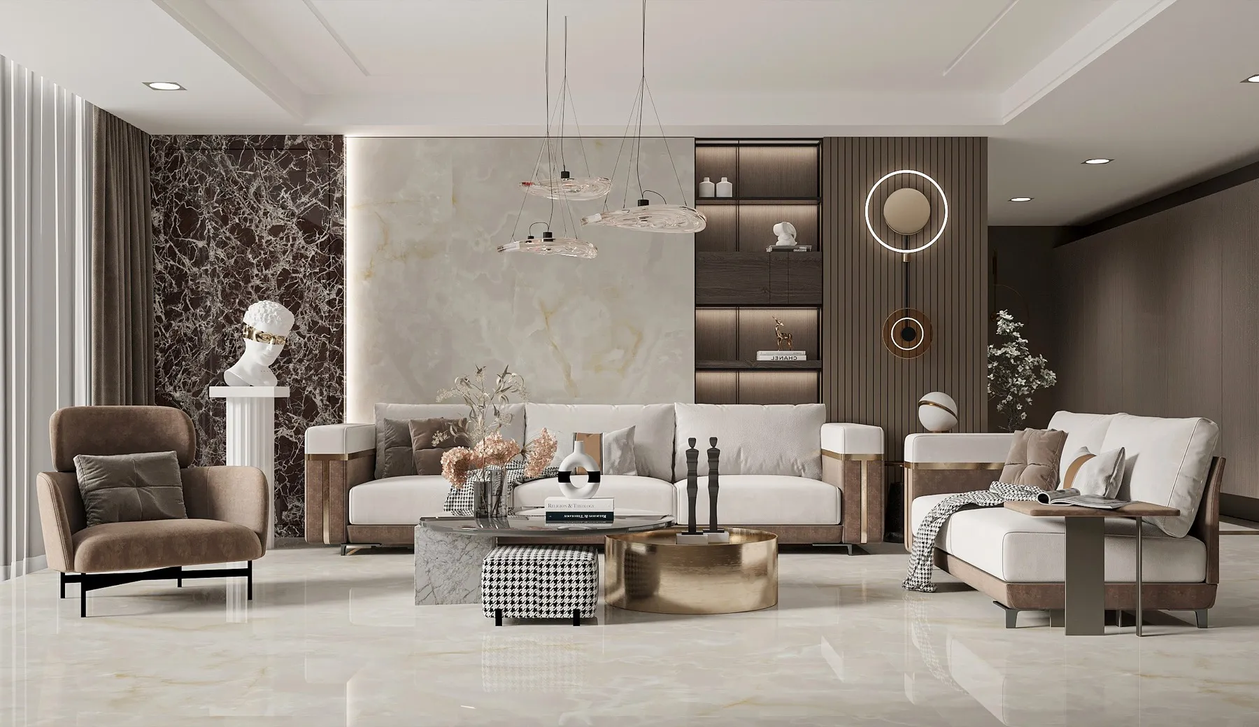 FM189793LEV Beige Onyx Look porcelain tile shown in an application-style product view
