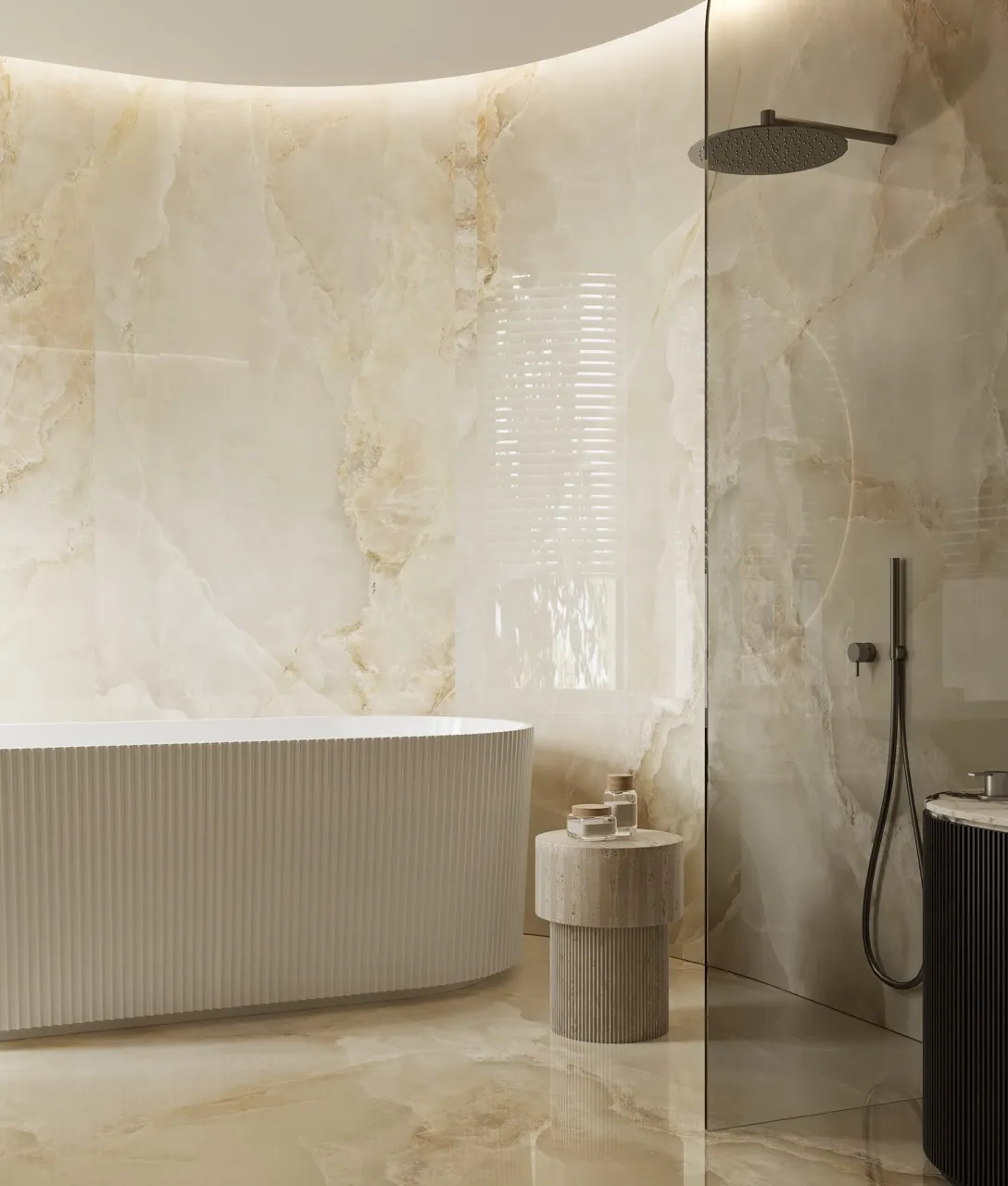Luxury bathroom interior featuring beige onyx look glossy sintered stone wall and floor surfaces