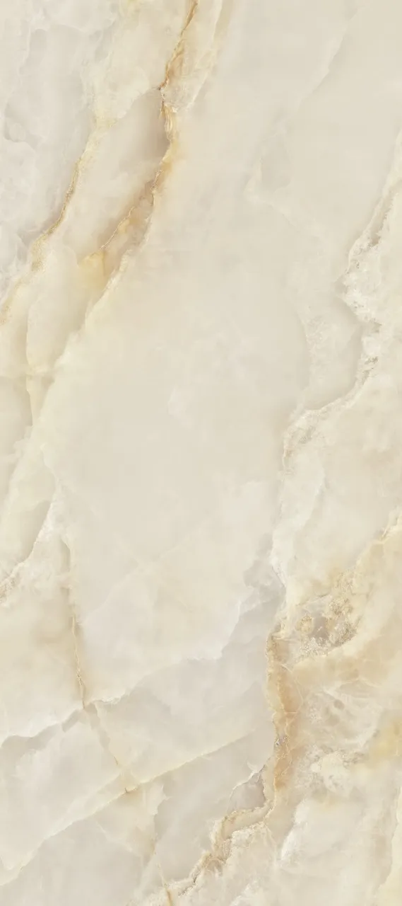 Full slab beige onyx look polished sintered stone with creamy ivory background and natural veining