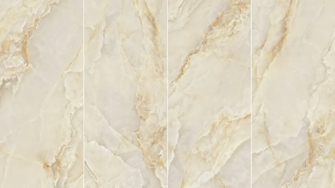 Beige onyx look sintered stone 4-face slab pattern layout with coordinated veining design