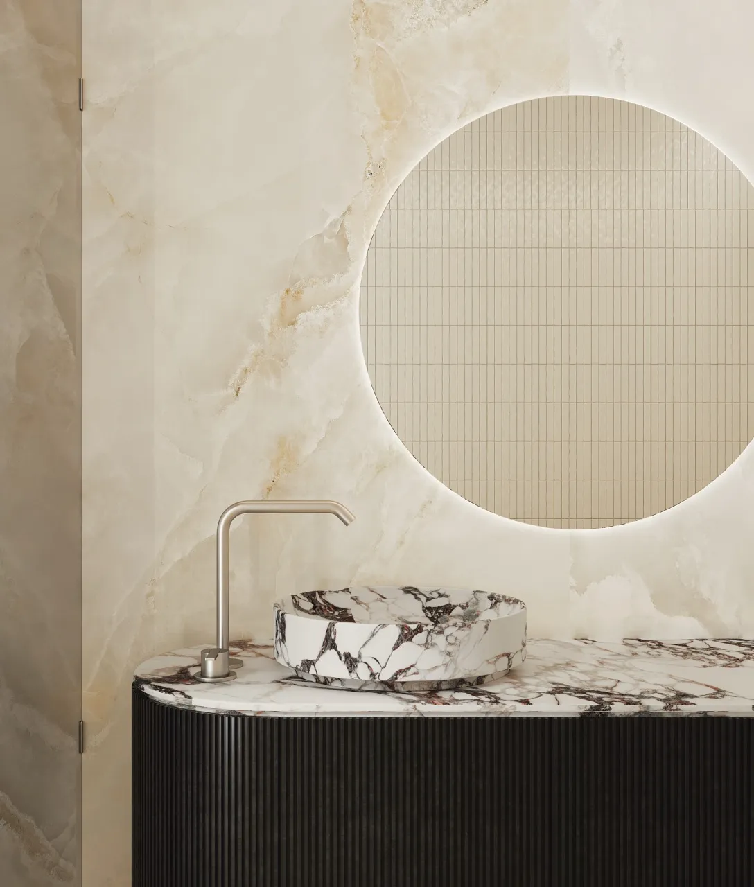 Beige onyx look glossy sintered stone applied on luxury bathroom wall behind vanity area