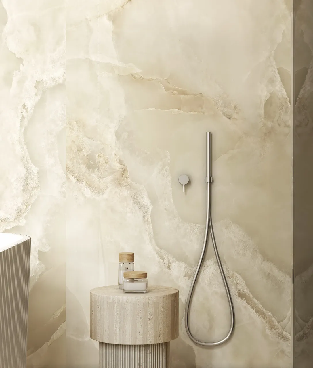 Beige onyx look glazed sintered stone shower wall application in contemporary bathroom interior