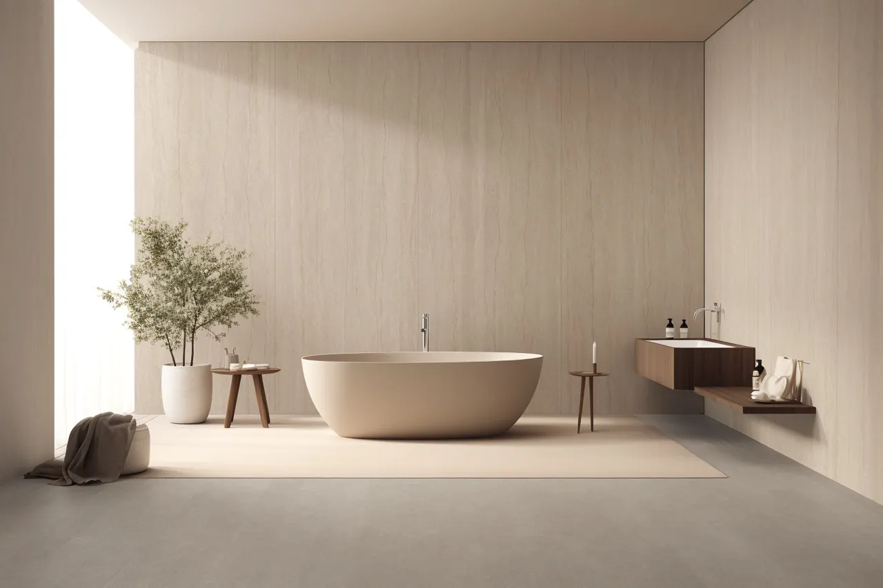 Beige travertine look sintered stone installed on bathroom walls and floors in a modern spa-inspired interior.