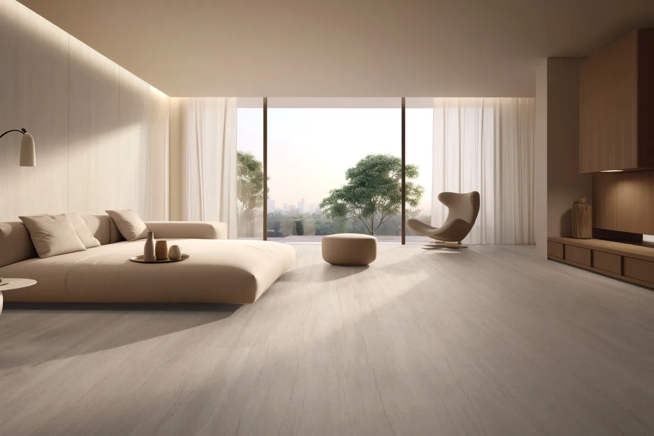 Beige travertine look sintered stone flooring in a modern living room with warm natural lighting and minimalist interior design.