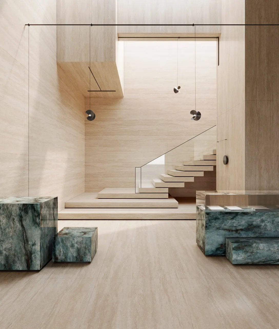 Large format beige travertine look sintered stone used for modern staircase, wall, and floor applications