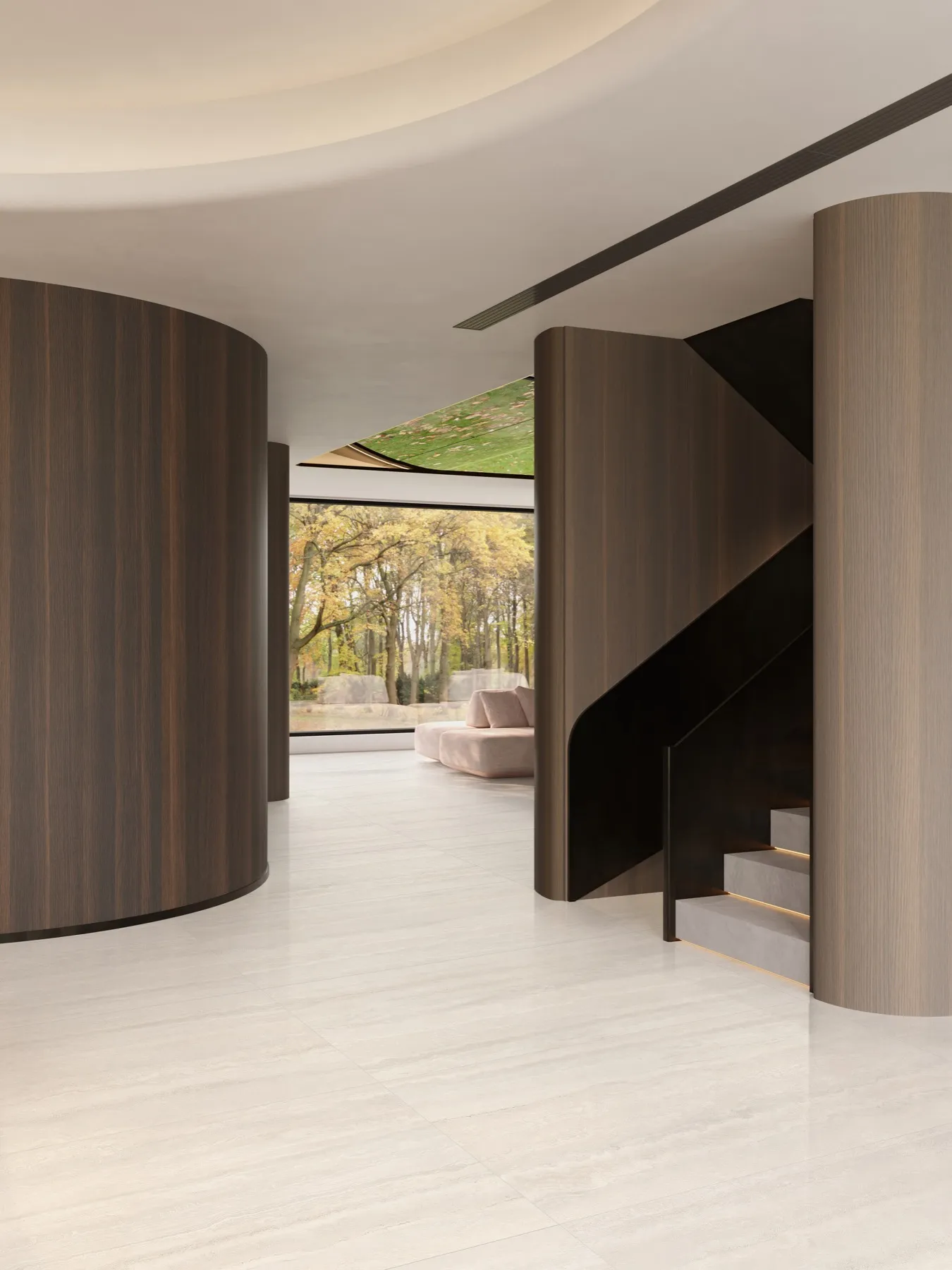 Beige travertine porcelain floor tile OSL301ST612 in a lobby and stair interior, 600x1200mm rectangle with textured matte surface.
