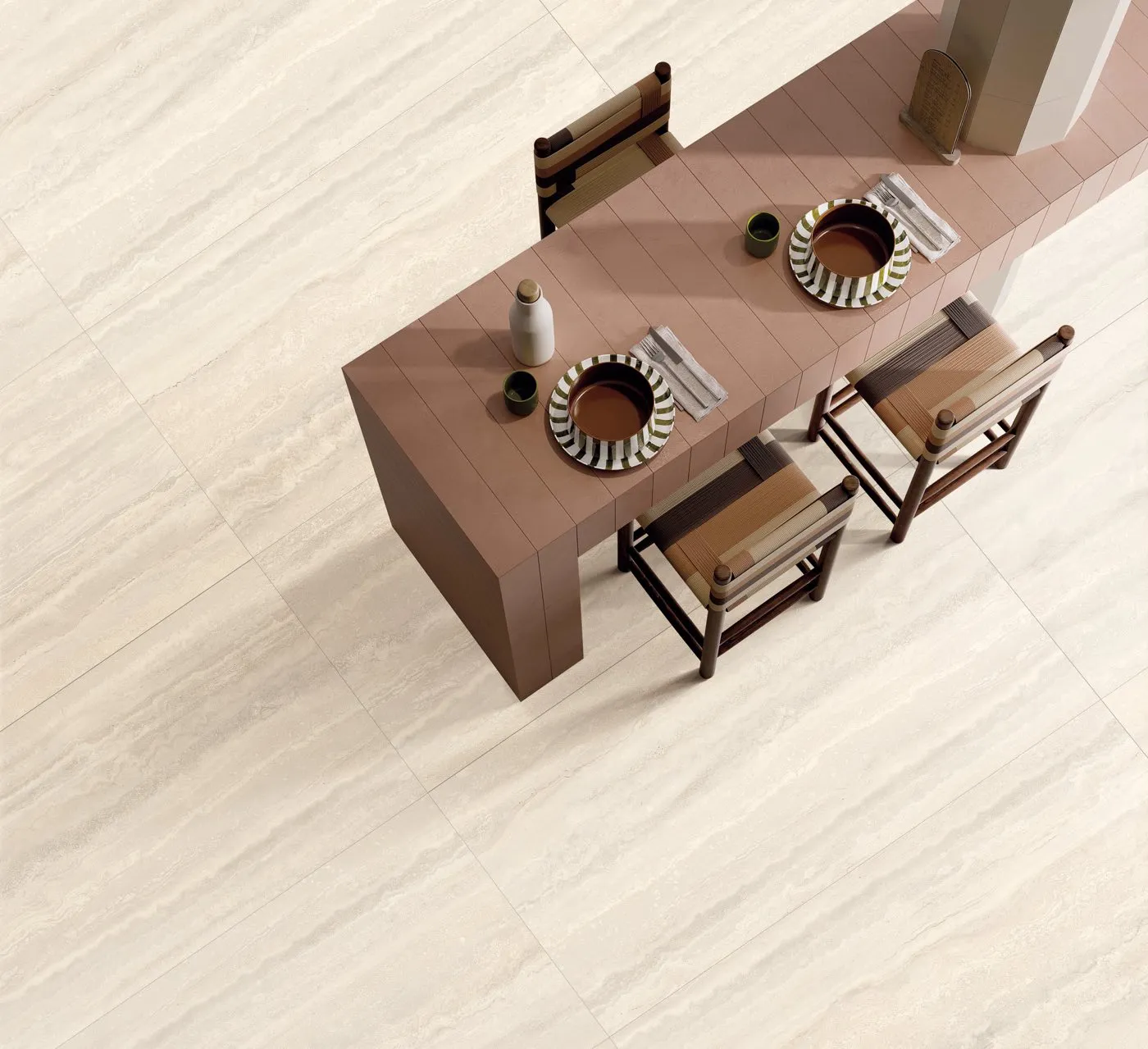 Beige travertine porcelain kitchen floor tile OSL301ST612 with 600x1200mm rectangular format and textured stone look.