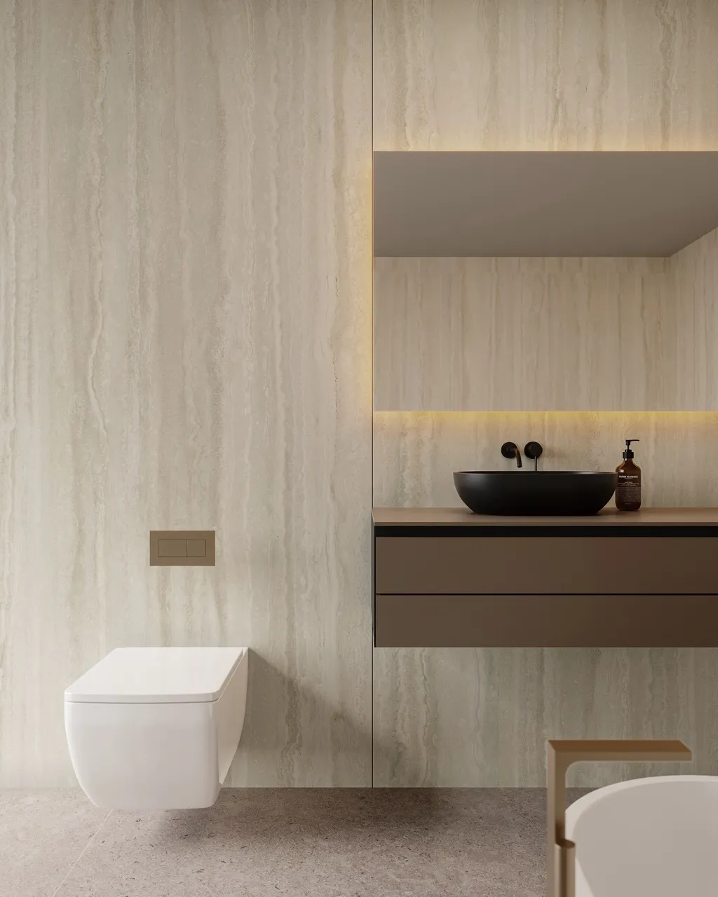 Beige yellow travertine look matte textured sintered stone bathroom vanity wall application