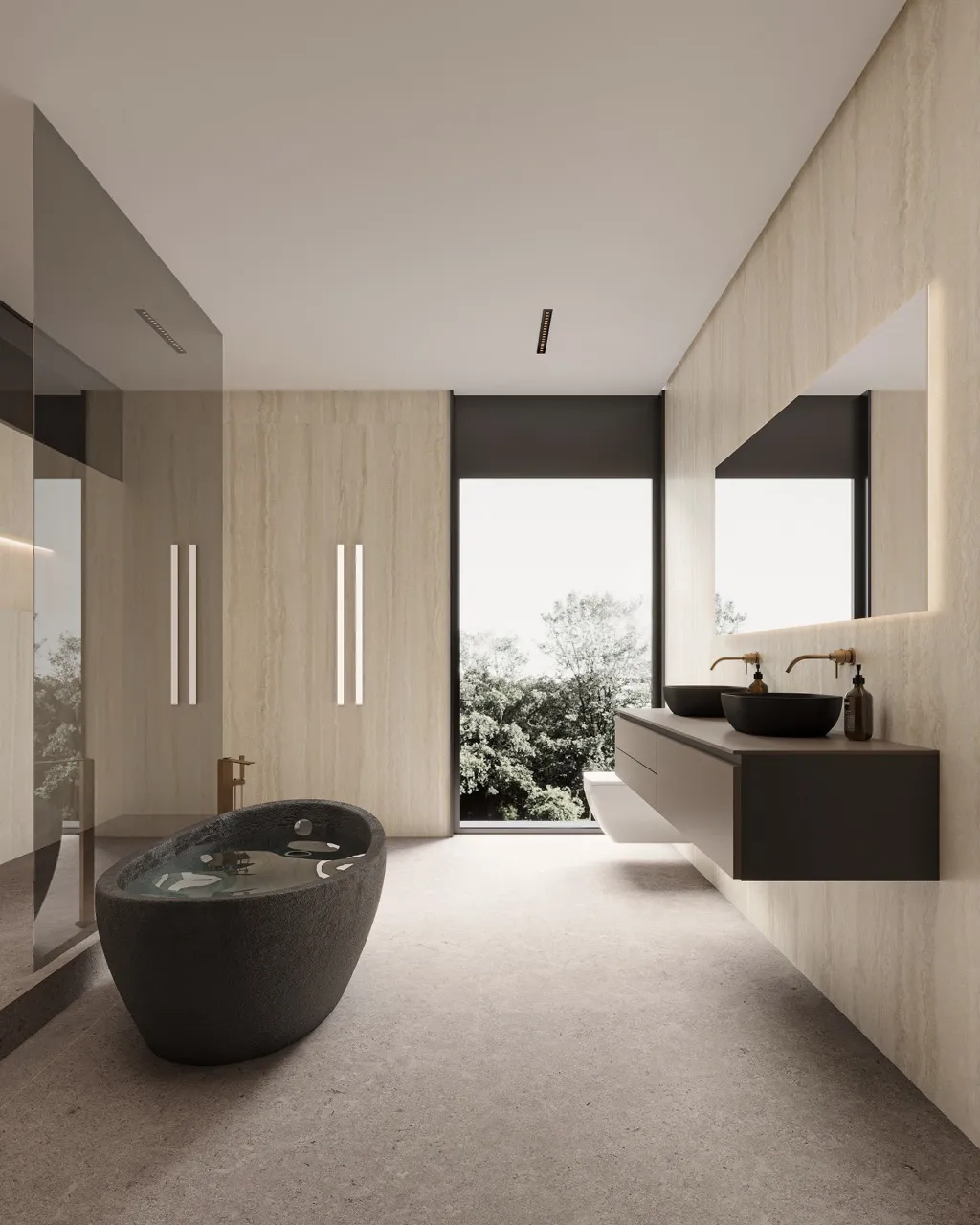 Beige yellow travertine look matte textured sintered stone used for modern bathroom wall application