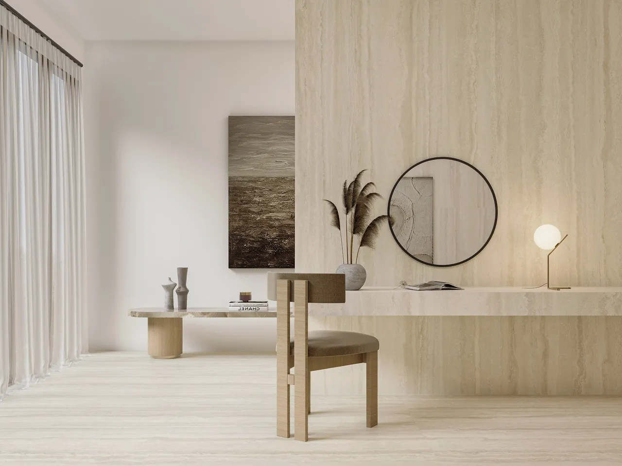 Beige yellow travertine look matte textured sintered stone used in modern living space wall and floor design