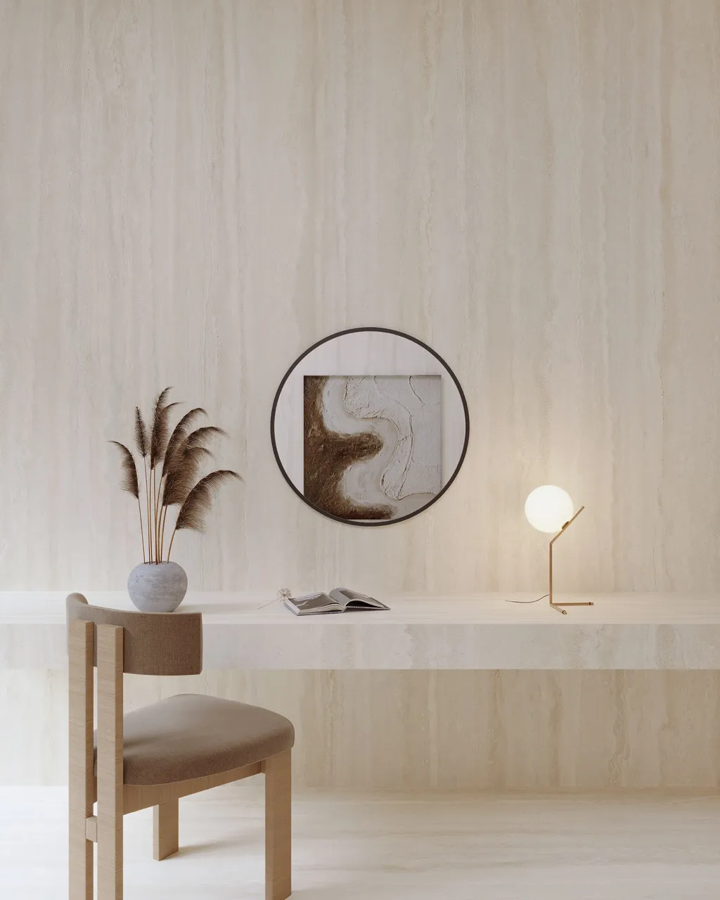 Beige yellow travertine look matte textured sintered stone decorative wall application in minimalist interior design
