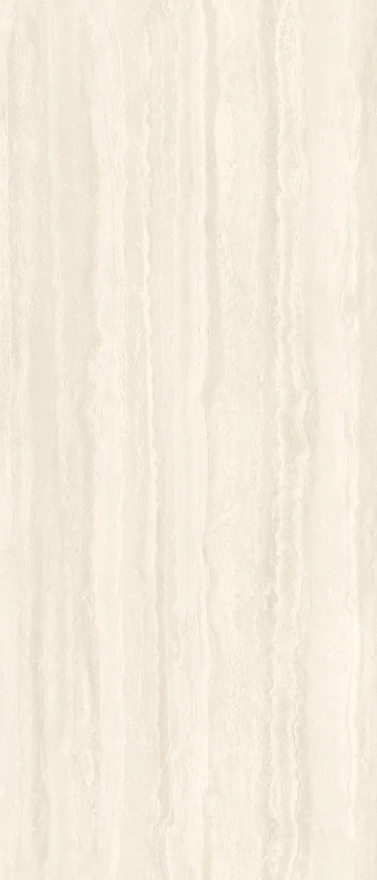 Full slab beige yellow travertine look matte textured sintered stone with warm layered stone movement