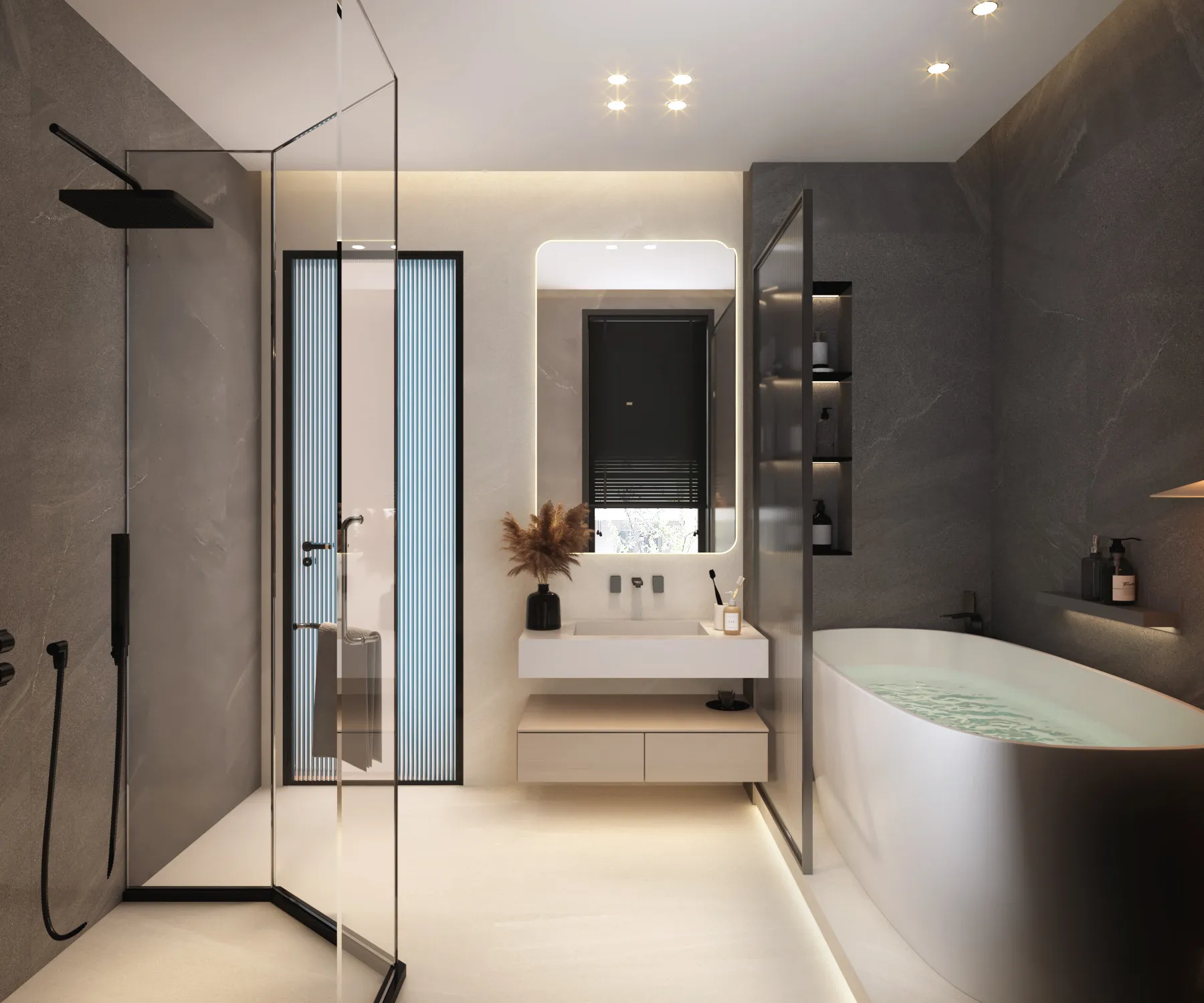 OS517DG126, OS517DG606 black Sandstone Porcelain Tile in 600x1200mm and 600x600mm, shown as a bathroom scene with tiled walls, a vanity area, shower glass, and matching floor tile