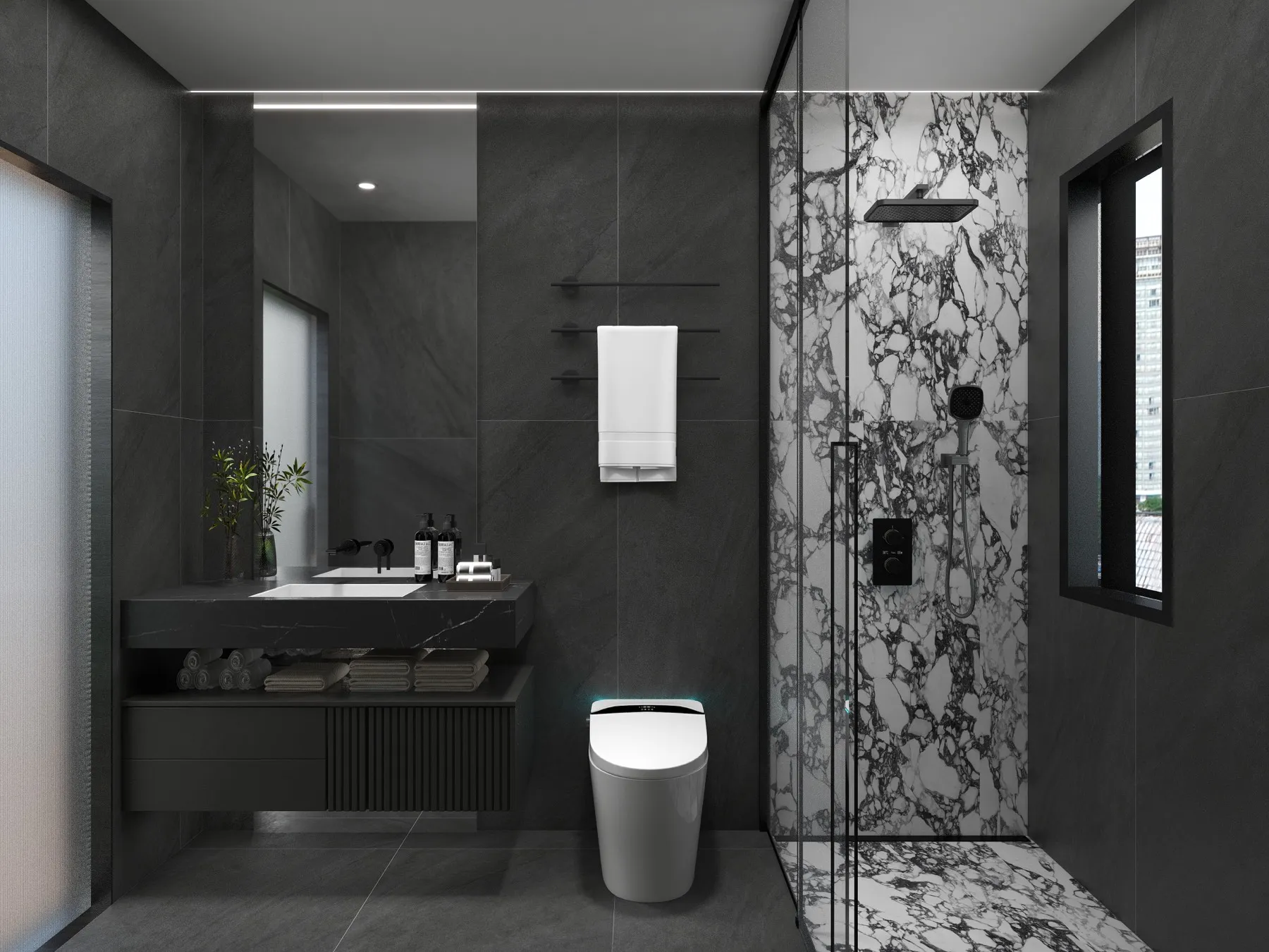 OS517DG126, OS517DG606 black Sandstone Porcelain Tile in 600x1200mm and 600x600mm, shown as a bathroom scene with tiled walls, a vanity area, shower glass, and matching floor tile