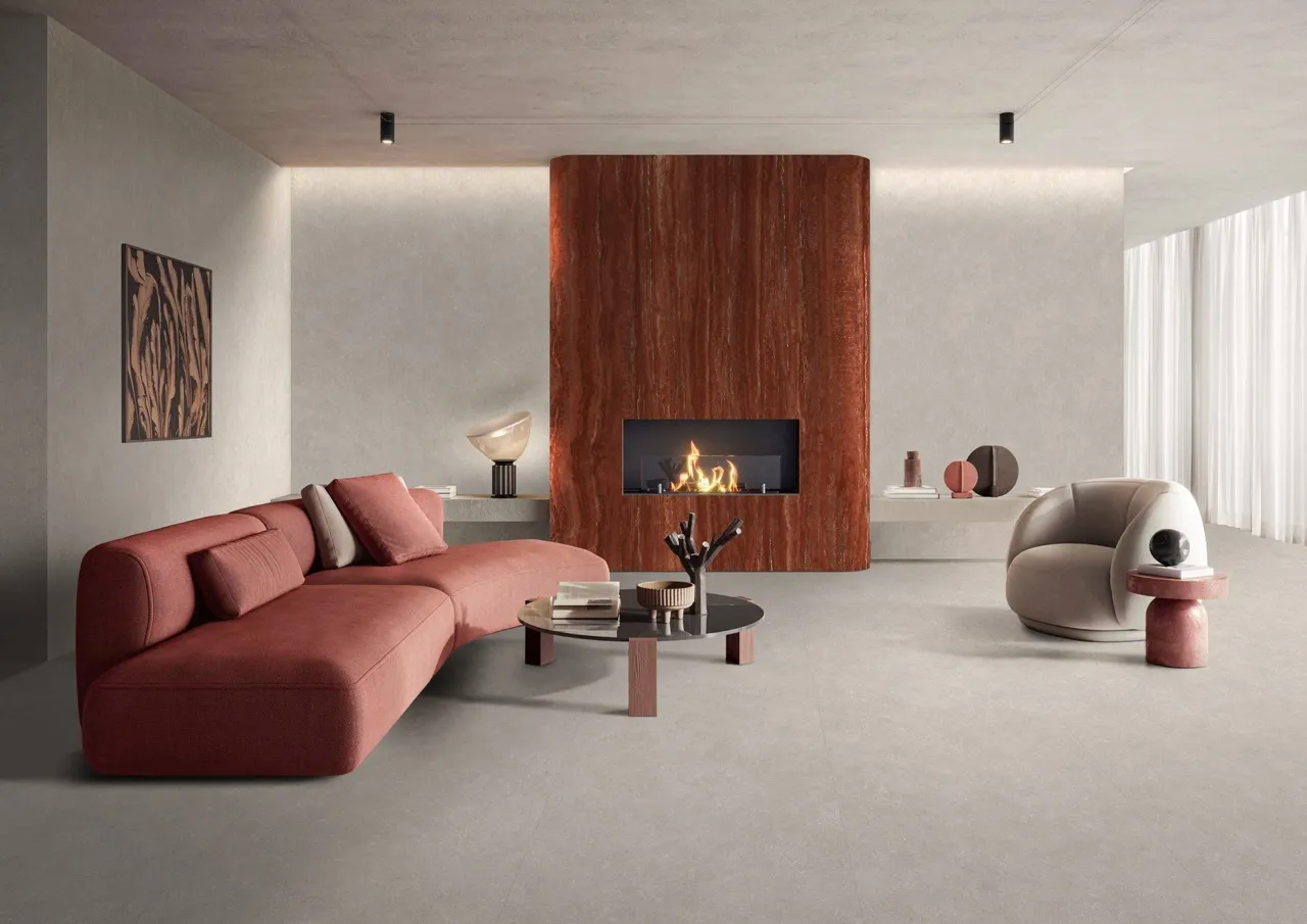 dark gray limestone look sintered stone flooring in modern luxury living room