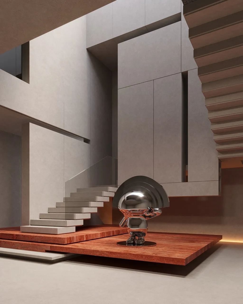 dark gray limestone look sintered stone used for modern floating staircase design