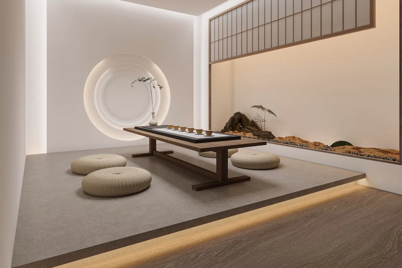 dark gray limestone look sintered stone floor in minimalist tea room interior