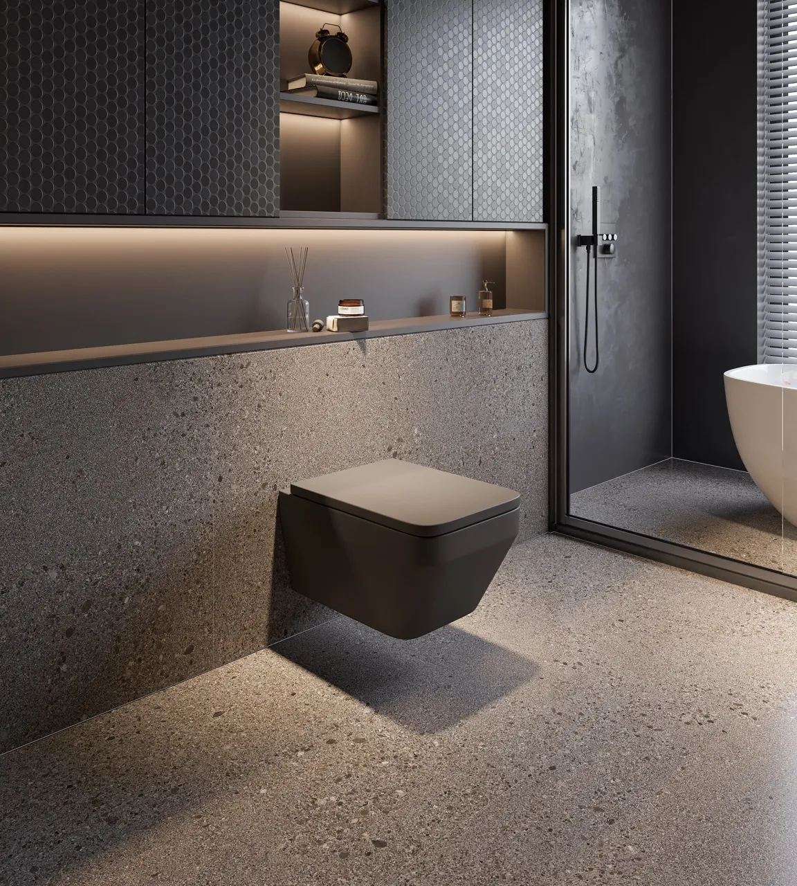 Contemporary bathroom featuring dark gray terrazzo look sintered stone wall cladding and flooring