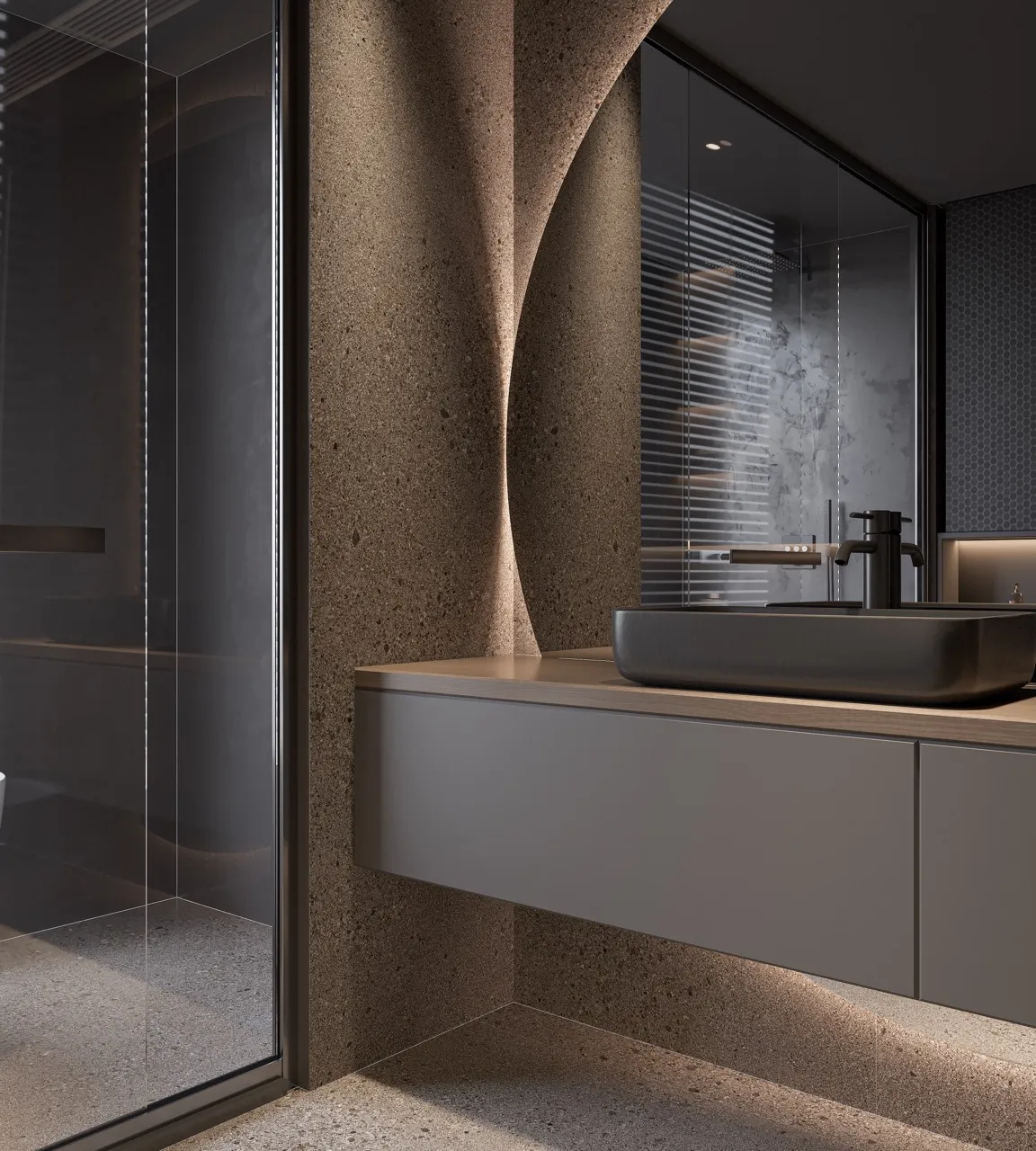 Bathroom vanity area finished with dark gray terrazzo look sintered stone wall and floor surfaces