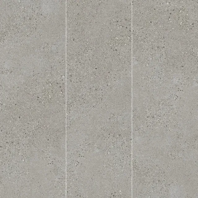 Three-panel layout of dark gray terrazzo look sintered stone slabs Title: Dark Gray Terrazzo Sintered Stone 3-Panel Layout