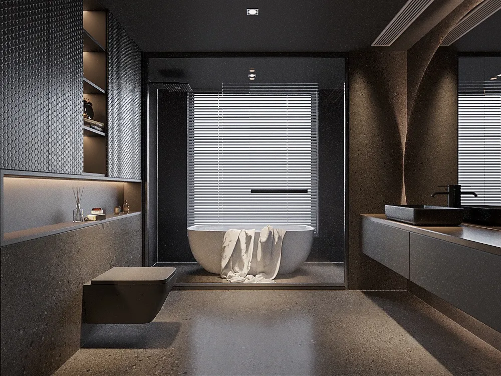 Modern bathroom featuring dark gray terrazzo look sintered stone on walls and floors