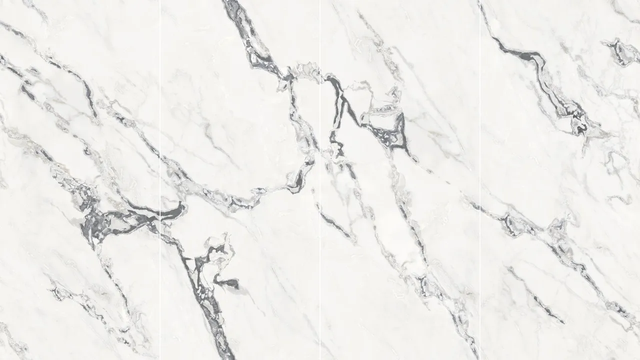 large format marble look glossy white sintered stone slab layout with continuous grey veining