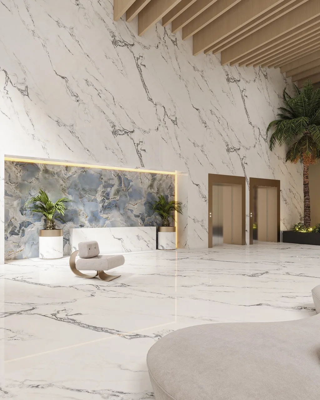 large format glossy white marble look sintered stone used for luxury lobby wall cladding and floor applications