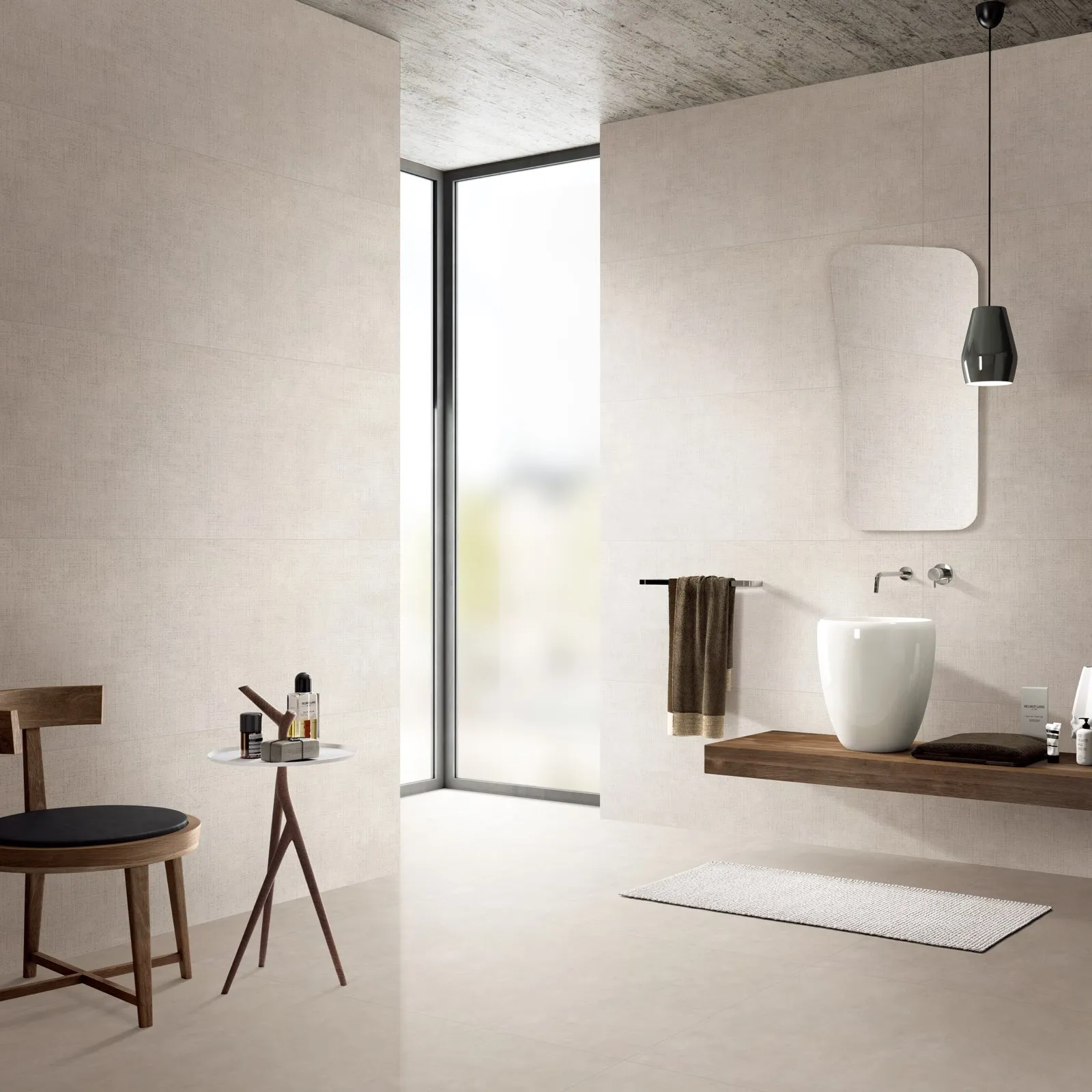 OC532126 greige cement look porcelain tile in 600x1200mm, shown with a gray-beige concrete-inspired surface and glazed matte finish