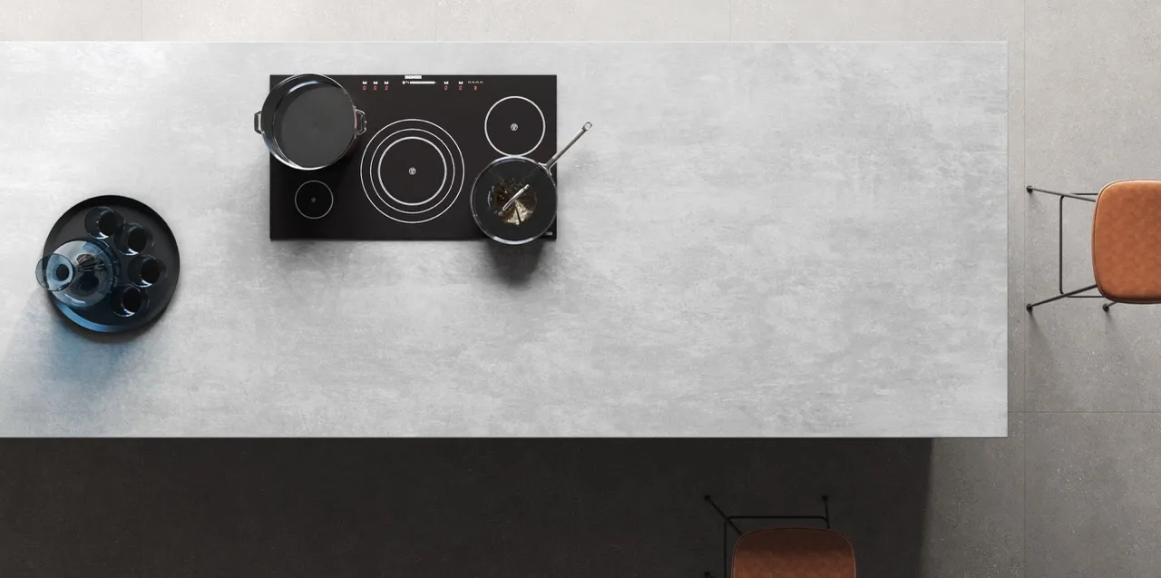 top view of gray cement look matte sintered stone kitchen countertop surface