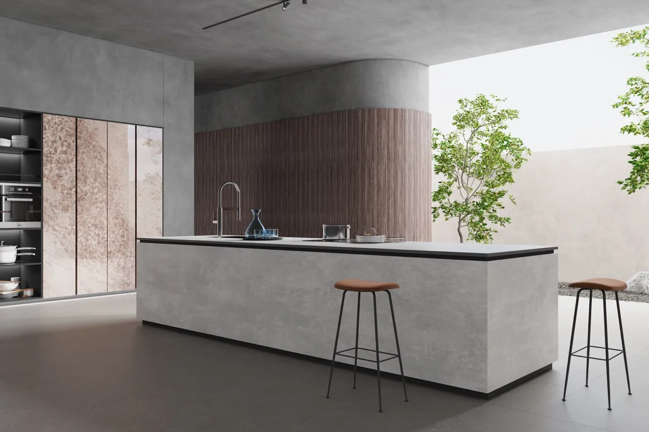 gray cement look matte sintered stone kitchen countertop and island top application