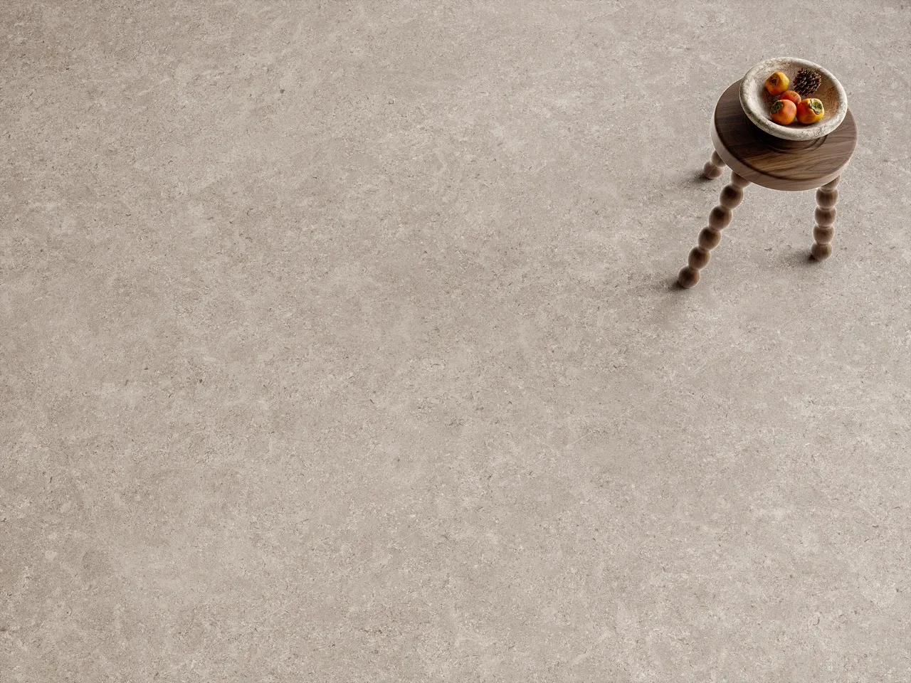 close up of gray limestone look sintered stone floor surface with matte finish