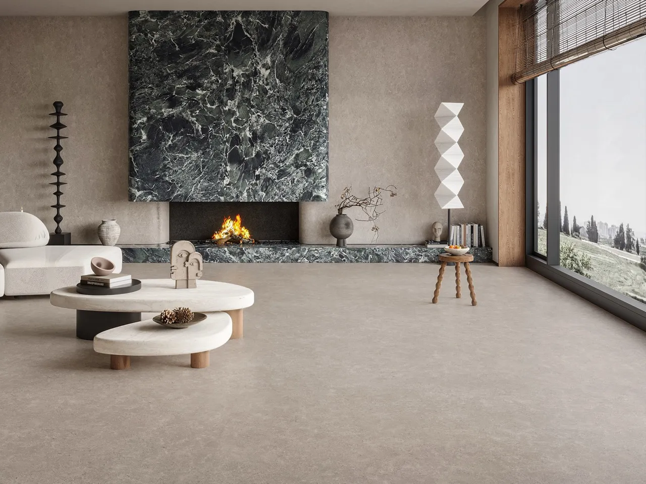 gray limestone look sintered stone flooring in modern living room interior